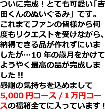 ついに完成！とても可愛い「吉田くんのぬいぐるみ」です。これまでファンの皆様から何度もリクエストを受けながら、納得できる品が作れずにいましたが…10年の歳月をかけてようやく最高の品が完成しました！！感謝の気持ちを込めまして5,000円コース/1万円コースの福箱全てに入っています！